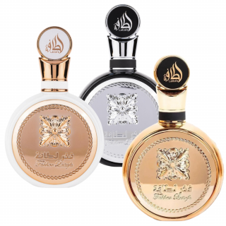 Pachet 3 parfumuri Lattafa Fakhar: Femme 100ml + Homme 100ml + Gold Extrait 100ml