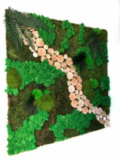 Panou decorativ cu muschi,plante stabilizate,licheni naturali si felii de lemn - 100x100 cm