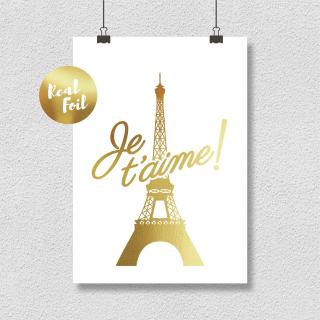 Poster Je t aime Paris, 21x30cm, colaj metalic auriu