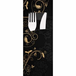 Punga tacamuri ELEGANZA din FSC mix 20x8.5 cm - cu servetel negru - printat cu motiv - culoare negru