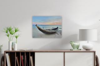 Tablou iluminat 1 LED si 30 LED fibra cu timer - 30x40 cm - print digital pe canvas - barca pe plaja