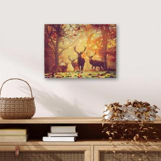 Tablou iluminat 30 leduri cu timer - 30x40cm - print digital pe canvas -  cerbi in padure