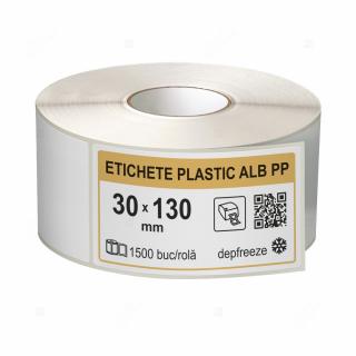 Rola etichete autoadezive plastic, BOPP alb,  30x130 mm, adeziv deepfreeze, 1500 etichete rola