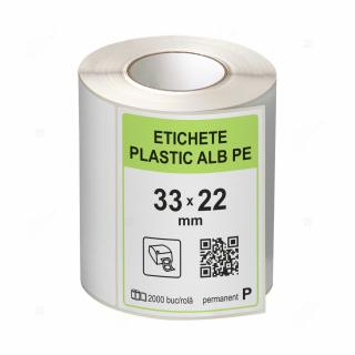 Rola etichete autoadezive plastic, PE alb, 33x22 mm, adeziv permanent, 2000 etichete rola