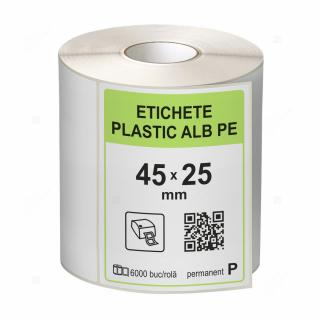 Rola etichete autoadezive plastic, PE alb, 45x25 mm, adeziv permanent, 6000 etichete rola