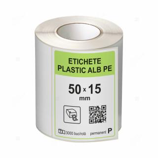 Rola etichete autoadezive plastic, PE ALB, 50x15 mm, adeziv permanent, 3000 etichete rola