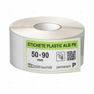 Rola etichete autoadezive plastic, PE alb, 50x90 mm, adeziv permanent, 2000 etichete rola