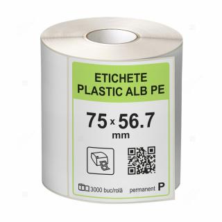 Rola etichete autoadezive plastic, PE alb, 75x56.7 mm, adeziv permanent, 3000 etichete rola