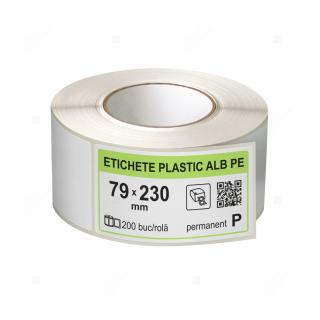 Rola etichete autoadezive plastic, PE alb, 79x230 mm, adeziv permanent, 200 etichete rola