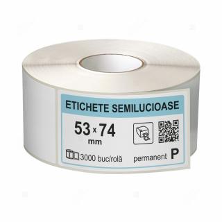 Rola etichete autoadezive semilucioase 53x74 mm, adeziv permanent, 3000 etichete rola