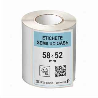 Rola etichete autoadezive semilucioase 58x52 mm, adeziv permanent, 1000 etichete rola
