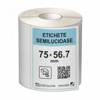 Rola etichete autoadezive semilucioase 75x56.7 mm, adeziv removable, 3000 etichete rola