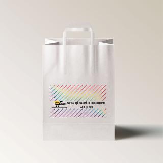 Sacose hartie personalizate cu maner banda, imprimare fata-verso, 18+8 x 22 cm, hartie alba 70g