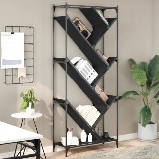 Biblioteca, negru, 79x30x180 cm, lemn prelucrat si metal