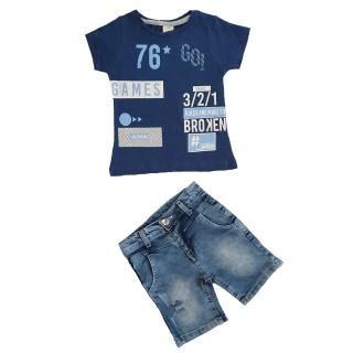 Compleu tricou albastru imprimeu games si blugi scurti 1-5 ani