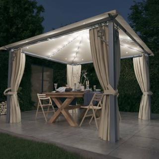 Pavilion cu perdele  siruri lumini LED, crem, 3x3 m, aluminiu