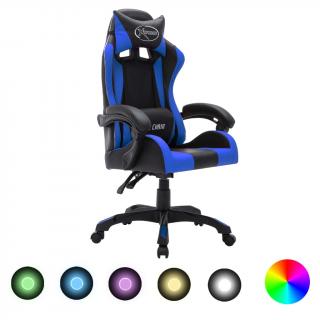 Scaun de jocuri cu LED RGB, albastru si negru, piele ecologica