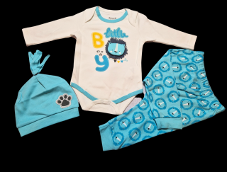 Set body, pantaloni si caciulita Little Boy bebelusi bumbac 3-9 luni