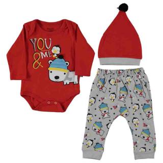 Set body, pantaloni si caciulita You  Me rosu bebelusi bumbac 3-9 luni