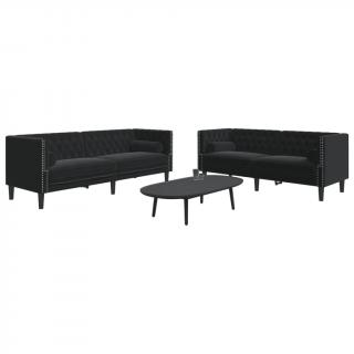 Set canapele Chesterfield cu perne rulou 2 piese negru catifea