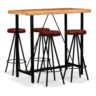 Set mobilier bar, 5 piese, lemn masiv acacia si piele naturala