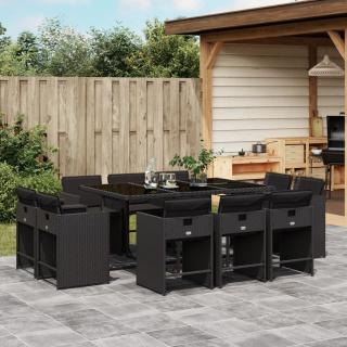 Set mobilier de exterior cu perne, 11 piese, negru, poliratan