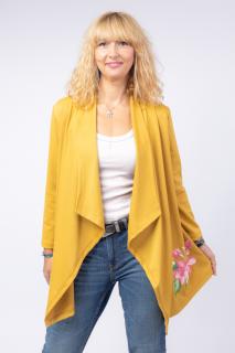 Blazer casual din tricot cu imprimeu floare pe o parte, mustar