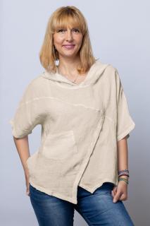 Bluza bej asimetrica din in, cu gluga