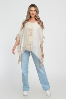 Bluza boho bej, din matase naturala, in colturi, cu insertie de broderie si tivita cu dantela macrame