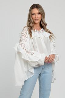 Bluza boho oversize din batist de bumbac, in colturi, cu volan si dantela, alba