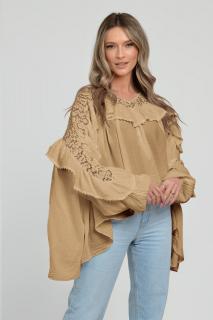 Bluza boho oversize din batist de bumbac, in colturi, cu volan si dantela, camel