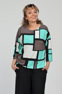 Bluza casual, imprimeu geometric verde, maro si negru pe fond alb si maneca 3 4