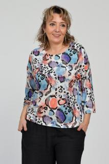 Bluza casual, imprimeu mov, albastru si corai pe fond alb si maneca 3 4