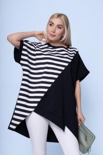 Bluza cu colturi asimetrice, neagra cu dungi albe pe diagonala