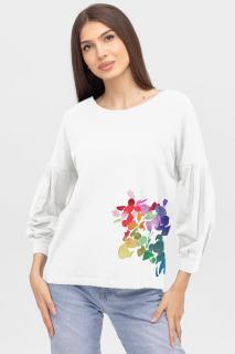 Bluza cu maneca bufanta din tricot de bumbac, cu imprimeu, alba