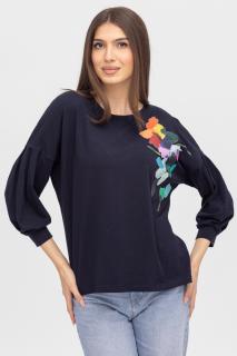 Bluza cu maneca bufanta din tricot de bumbac, cu imprimeu, bleumarin