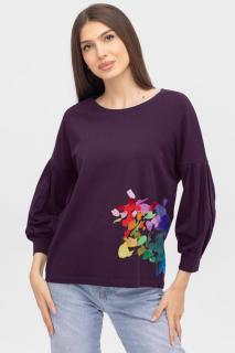 Bluza cu maneca bufanta din tricot de bumbac, cu imprimeu, mov inchis
