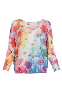 Bluza cu maneca lunga fluture si imprimeu flori multicolore pastelate