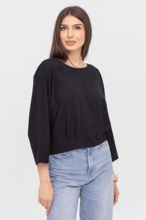 Bluza cu spate petrecut, si maneca fluture, din tricot de bumbac, neagra