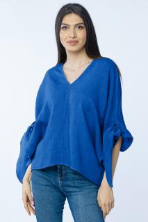 Bluza de vara cu funde, din in, oversize, albastru electric