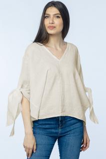 Bluza de vara cu funde, din in, oversize, bej