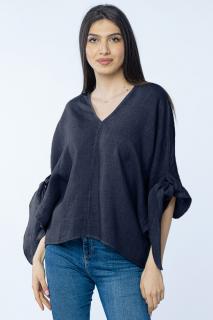 Bluza de vara cu funde, din in, oversize, bleumarin