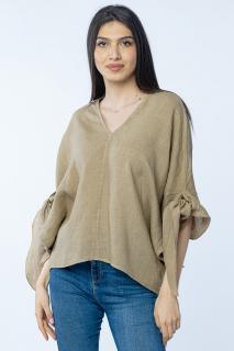 Bluza de vara cu funde, din in, oversize, camel