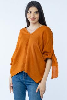 Bluza de vara cu funde, din in, oversize, caramizie