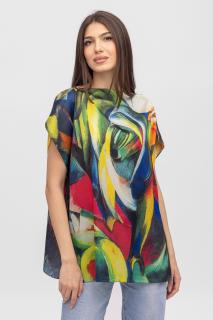 Bluza de vara tip poncho din matase cu imprimeu abstract