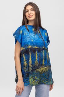 Bluza de vara tip poncho din matase cu reproducere dupa    Noapte Instelata deasupra Rhonului   de Claude Monet