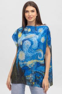 Bluza de vara tip poncho din matase cu reproducere dupa   Noaptea Instelata   de Van Gogh