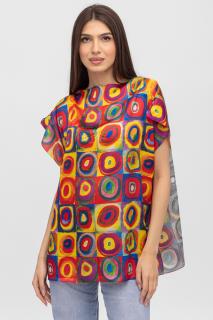 Bluza de vara tip poncho din matase cu reproducere dupa pictura lui Kandinski, cercuri mari