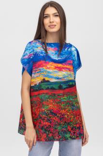 Bluza de vara tip poncho din matase imprimata cu reproduceri dupa picturi celebre cu motive florale