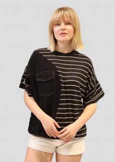 Bluza din doua tesaturi, blug negru si tricot in dungi